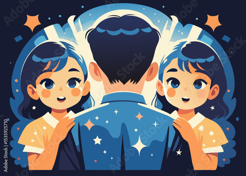 Man reflected in two girls, starry night, for children's book illustrations