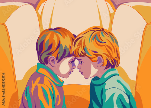 Two boys facing each other, in an illustration style, warm colors, for children's books