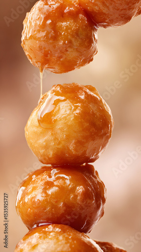 Close-up of loukoumades with glossy honey coating and crispy texture photorealistic detail