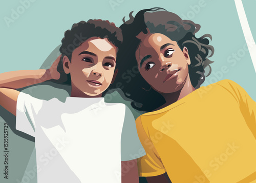 Two siblings relaxing together, illustrated in warm colors, for family publications