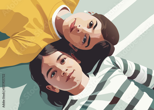 Two girls lying down together, looking up, in illustrated style, with copy space