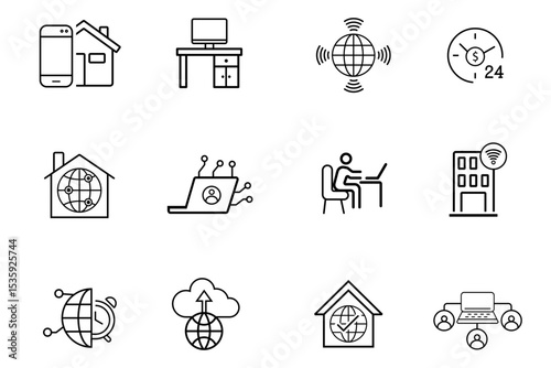 Work from home line icons set. Remote work, work online, freelancing, home office, digital nomad, portfolio, virtual meeting and video call icons. Editable vector illustration