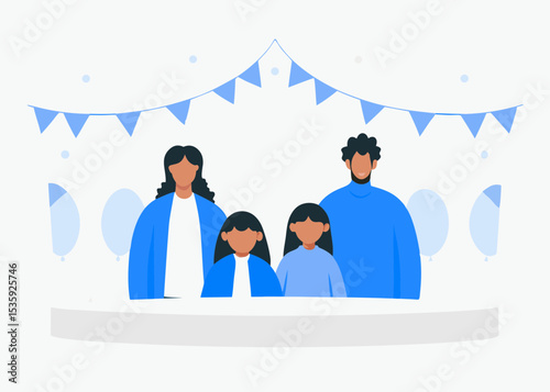 Happy family portrait, in blue tones, for celebratory occasions