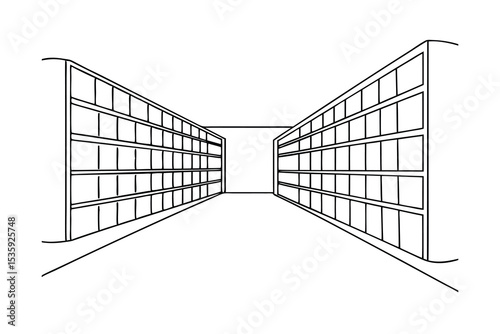 Continuous-line drawing of endless warehouse aisle shelving