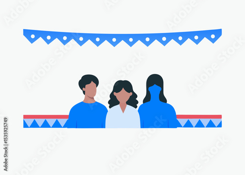 Three people celebrating together, with copy space