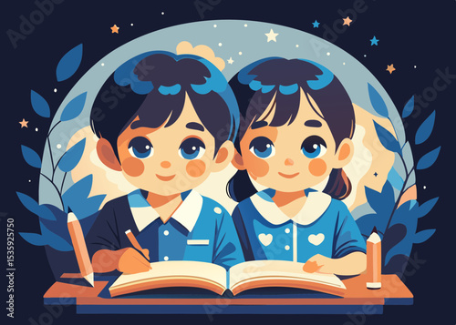 Two children studying together at night, a peaceful illustration, for educational resources