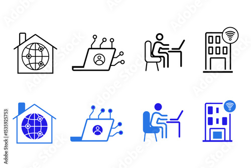 Work from home solid and line icons set. Remote work, work online, freelancing, home office, digital nomad, portfolio, virtual meeting, video call icons. Flat vector set. Editable vector illustration