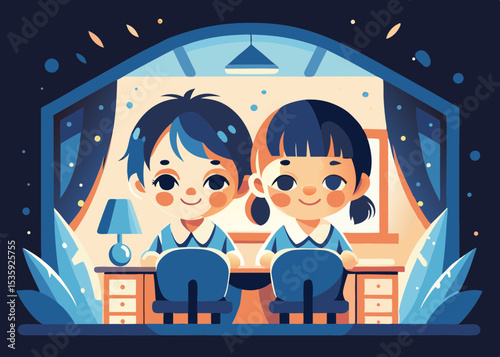 Two children studying together at night in their room, for educational websites