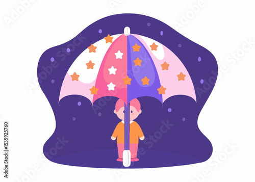 Child standing under a starry umbrella, a symbol of protection and hope, for websites and blogs