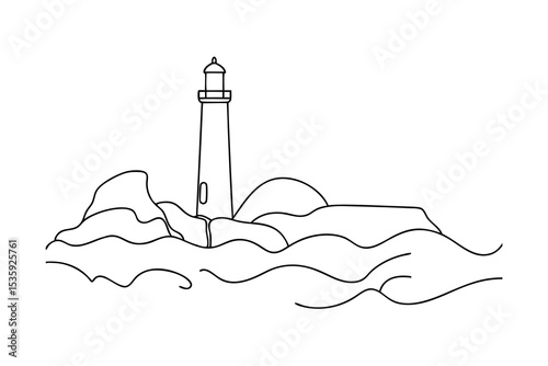 Lighthouse on rocky coast continuous-line drawing