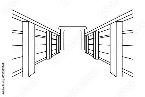 Continuous line drawing of a long corridor with shelves