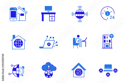 Work from home solid icons set. Remote work, work online, freelancing, home office, digital nomad, portfolio, virtual meeting, video call icons. Flat UI vector set. Editable vector illustration