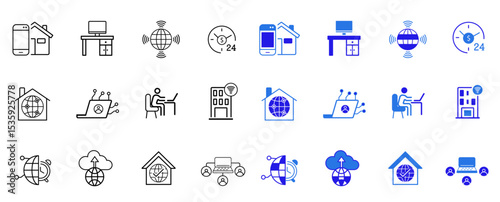 Work from home solid and line icons set. Remote work, work online, freelancing, home office, digital nomad, portfolio, virtual meeting, video call icons. Flat vector set. Editable vector illustration