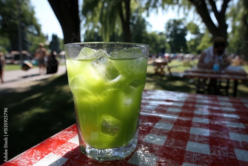 An iced matcha latte in a transparent glass on a wooden dining table, showing condensation on the surface.