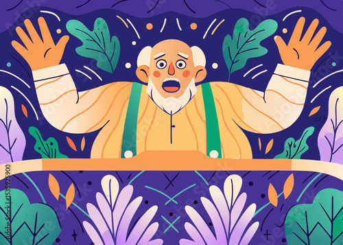 Surprised senior man amidst floral design, for website banners