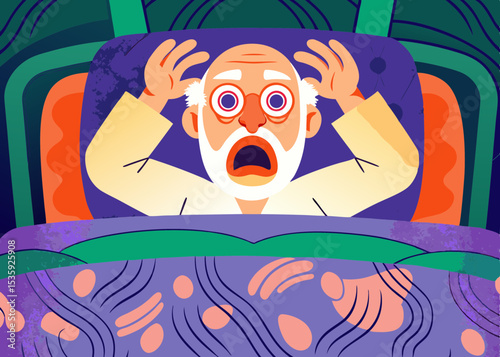 Elderly man waking up in fear, in bed, at night, for websites