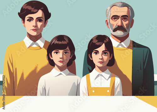 Family portrait in vintage style, yellow and beige tones, for websites and blogs