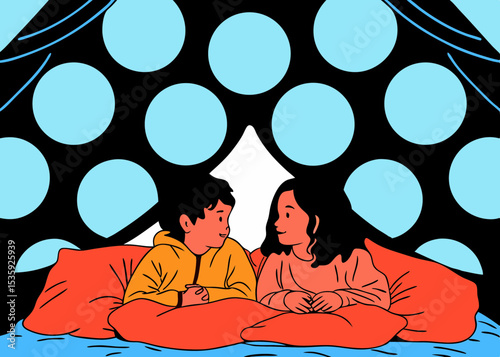 Children sharing secrets under a blanket fort, with copy space