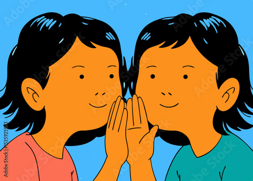 Two girls whispering secrets, a playful illustration, in orange and teal, for children's books