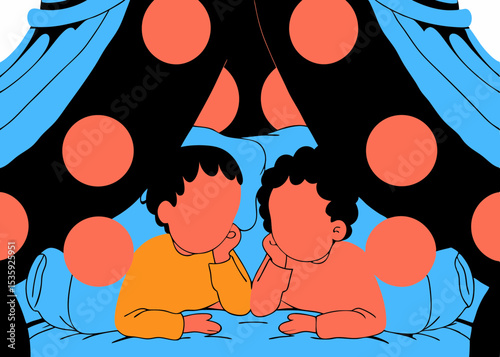 Two children resting in bed under a blanket fort, for kids bedroom decor