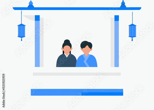 Couple in traditional clothing, illustration, blue tones, for website design, with copy space