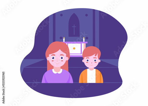 Children sitting in church, illustration, purple tones, for religious education