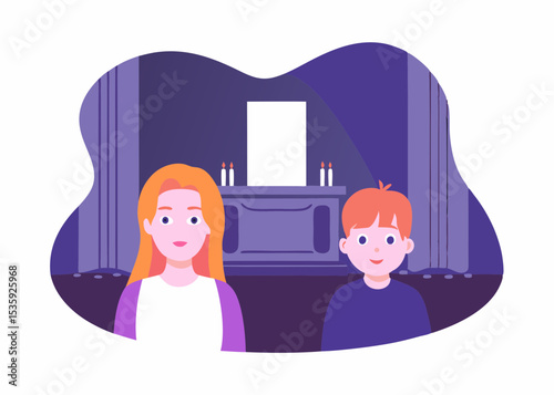Girl and boy remembering loved one, in church, for sympathy cards
