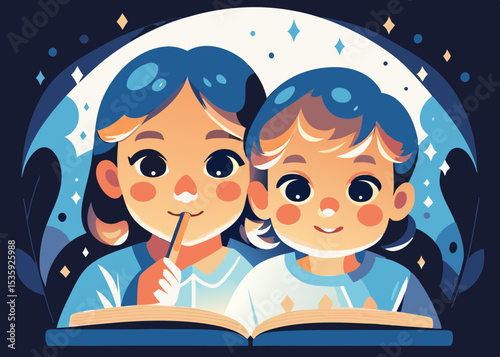 Two girls reading a book together at night, in a whimsical style, with copy space