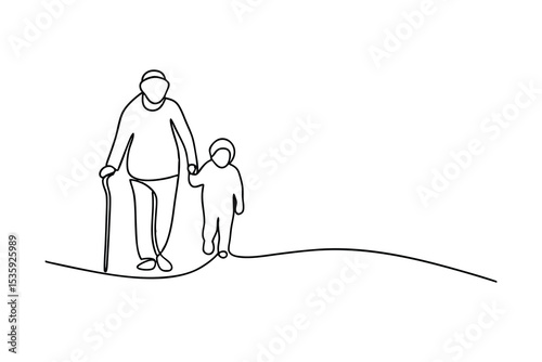 Grandfather and child walking holding hands continuous-line drawing