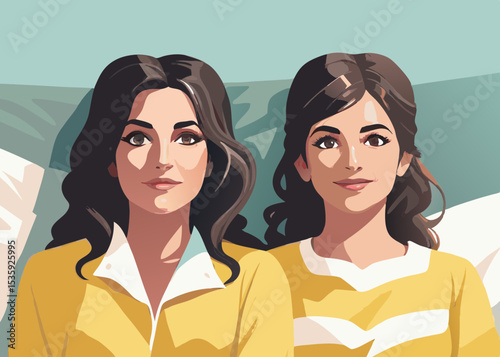 Two women in yellow shirts, illustrated style, pastel colors, for websites and social media, with copy space