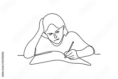 Young person concentrated studying continous-line drawing