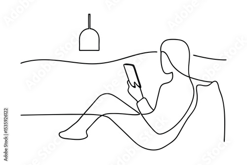 Woman relaxing on sofa using smartphone continuous-line drawing