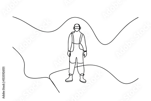 Single line drawing of person in winter gear on snowy landscape