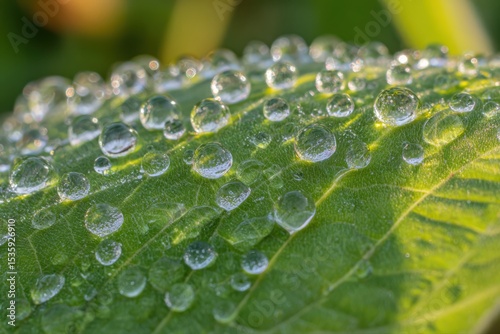 Macro photography of dew drops on a green leaf in a garden. Close-up shot showcasing intricate water droplets on a vibrant leaf surface.