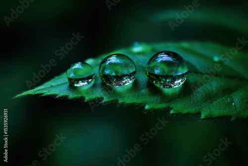 A macro shot capturing dew drops on a green leaf in a garden. Close-up detail showcasing the natural beauty in a botanical setting.