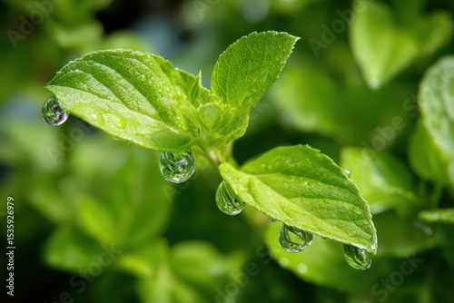 Macro shot of dew drops on a green leaf in a garden. Close-up view reveals intricate details of the water droplets on the vibrant leaf surface.