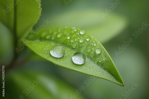 A close-up view of dew drops on a vibrant green leaf, captured in a garden setting.