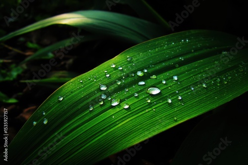 Macro shot of dew drops glistening on a vibrant green leaf in a garden setting, showcasing natural beauty and intricate details.