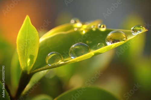 A close-up view of transparent dew drops on a vibrant green leaf in a garden setting. Nature and water droplets background.