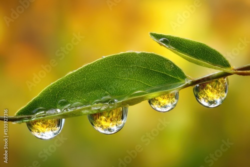Dew drops on a green leaf in a garden. Close-up shot showcasing the natural beauty and freshness of the leaf.