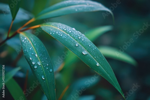 Macro shot of dew drops on a green leaf in a garden. Clear water droplets reflect sunlight, enhancing texture and color of the leaf.