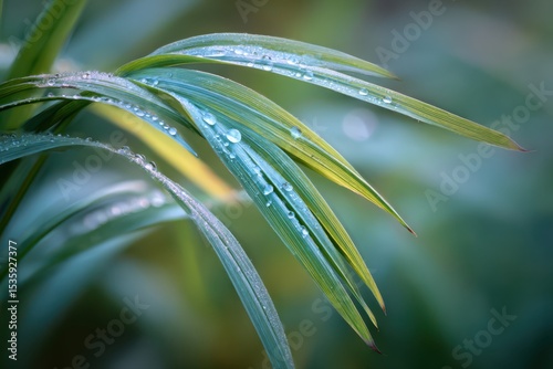 Macro shot of dew drops on a green leaf in a garden. Clear water droplets glistening on the vibrant foliage under natural sunlight.