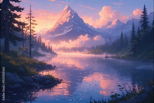 Dreamy Landscape with Lake, Mountains, and Sky at Dawn/Dusk
Stylized Character in a Serene Alpine Environment with Orange and Purple Sky
Expressive Animated Face Against a Backdrop of Majestic Peaks 