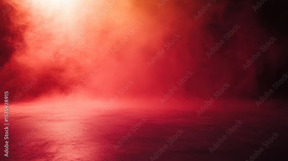 Fototapeta premium Dramatic red fog envelops a cinematic studio space creating an intense and moody atmosphere with glowing light illuminating the shadows