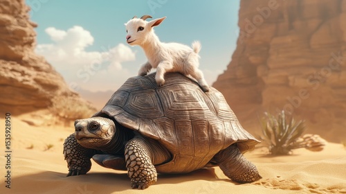 Baby goat enjoys a leisurely ride atop a giant tortoise in a sunlit desert landscape with striking contrast between speed and temperament
