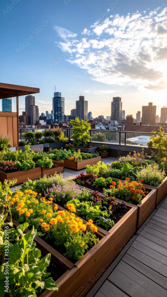 Fototapeta premium Vibrant rooftop garden flourishing with colorful flowers and vegetables, showcasing urban gardening amidst stunning city skyline sunset. scene evokes sense of tranquility and connection to nature