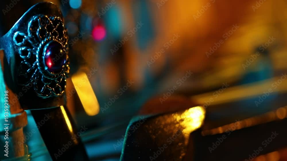A cinematic rack focus travels down the strings of a traditional ethnic lute, possibly an Oud. Moody blue and orange lights create a mysterious, artistic closeup.