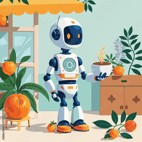 Cute and futuristic 3D robot character vector illustration featuring sci-fi elements, cyborg design, and space exploration themes. Perfect for technology, innovation, and science fiction projects.

