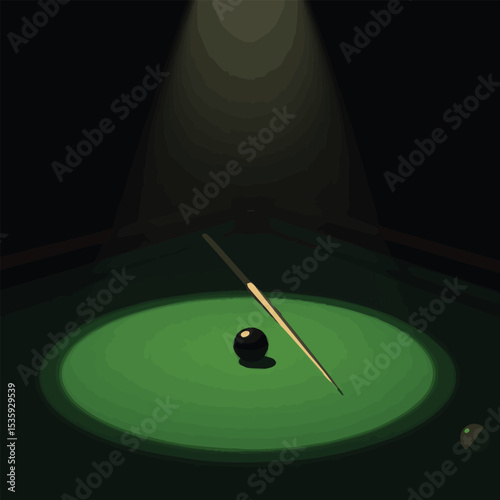 Dynamic pool and billiards game illustration featuring green felt table, colorful balls, and cue sticks. Perfect for sports, leisure, casino themes, and table game promotions or events.

