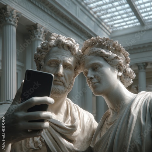 Marble statues in classic Greek attire take a modern selfie inside a grand neoclassical museum hall filled with natural light